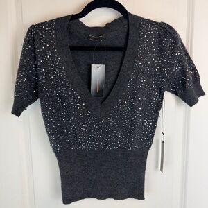 BCBGMaxAzria Charcoal Sequin V-Neck Sweater (NWT)